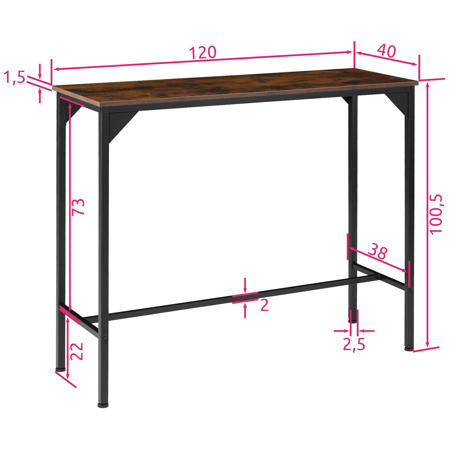 Tectake 800966 Mesa de comedor alta para cocina con diseño industrial mueble recibidor minimalista mobiliario inte kerry 120x40x1005cm bar