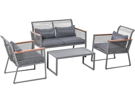 Outsunny Conjunto De muebles 4 piezas 1 mesa café sofá doble y 2 sillas individuales cojines acolchados para patio terraza gris juego exterior acero 113x715x785 715x113x785