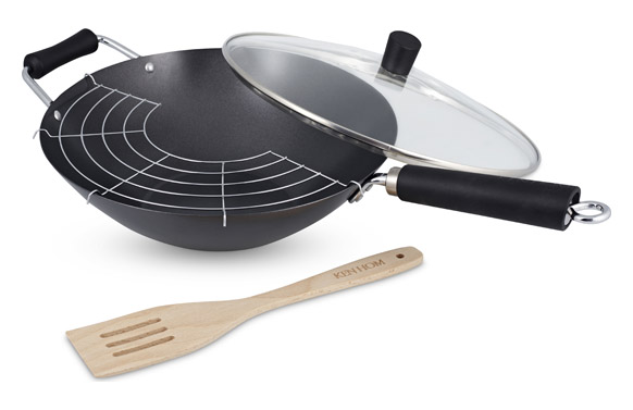 Ken Hom Kh431041 wok set 4 piezas acero carbono antiadherente 31cm excellence de induccióncompatible con herramien tapa vidrio rejilla estuche