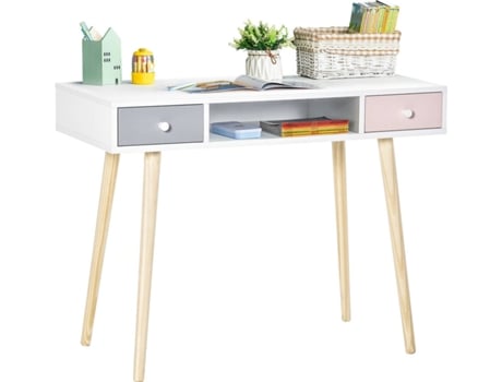 Homcom Mesa De escritorio infantil consola 1 compartimento abierto y 2 cajones estilo para estudio entrada dormitorio 100x48x765 cm multicolor mueble aparador 312042pk blanco 100x48x76.5