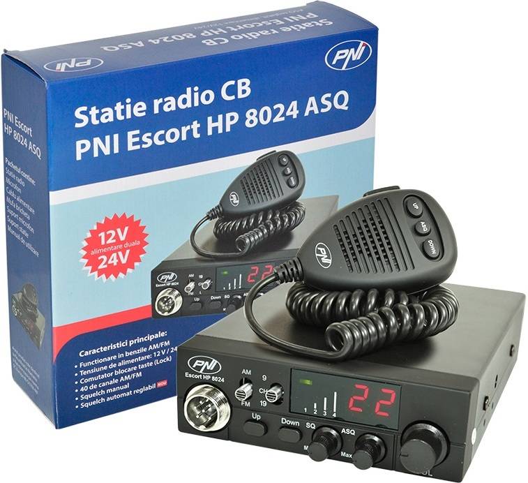 Radio Cb Pni 8024 escort hp asq ajustable 12v 24v 4w amfm negro 44.5 35.5 24