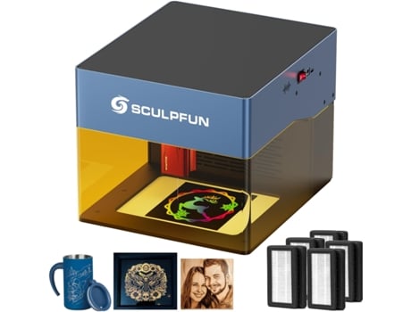 SCULPFUN iCube Pro Max 10W Grabador laser de con filtro de humo, alarma de temperatura y 5 juegos de guata de filtro, protección ocular portátil