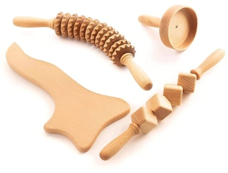 Set de masajeador de madera de 4 piezas con rodillo de maderoterapia, raspador, copa sueca y dispositivo de drenaje linfático de celulitis TUULI