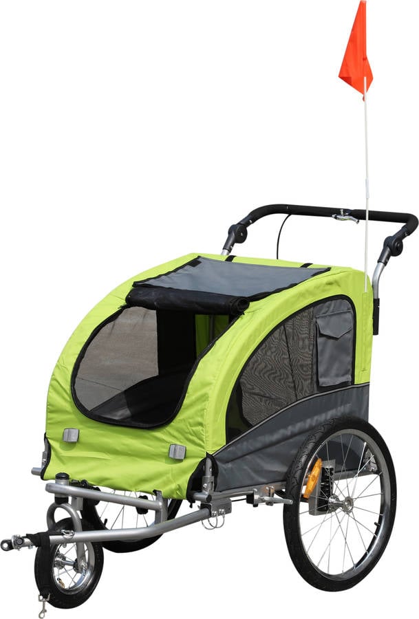 Remolque Para Bicicletas perros pawhut 838165lg 130x90x110 cm verde y gris carro cochecito transporte mascota 2 en 1 con barra de paseo 155x83x108