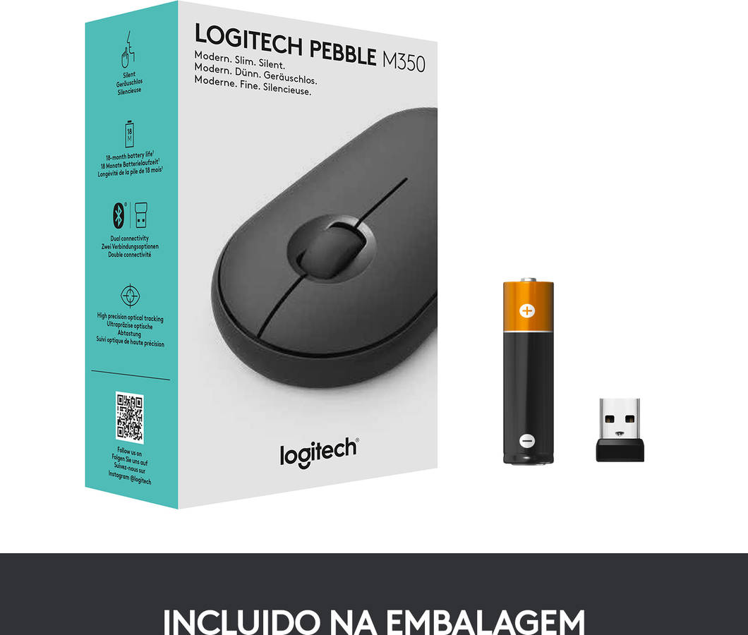 Ratón LOGITECH M350 Pebble (Bluetooth - Regular - 1000 dpi - Negro)