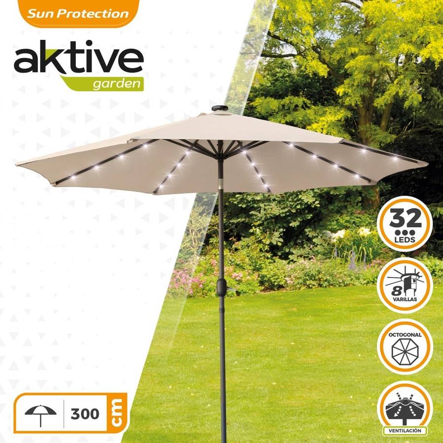 Parasol Aktive 250x300x300 cm 61057 sombrilla terraza exterior con luces led solares y uv50 hexagonal 32 inclinable ventilación estable de instalación chimenea ø300cm