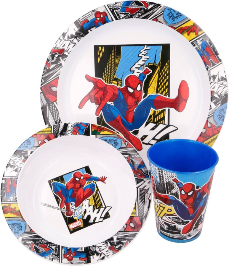 Set Vajilla Infantil apta para microondas compuesta por vaso plato y cuenco spiderman streets de cocina spi6591500u blanco