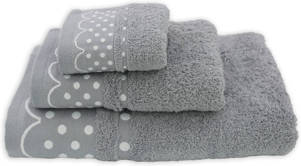 Toalla Acomoda Textil gris 100x140 cm juego de 3 baño 100 rizo con cenefa lunares 500 grm2.