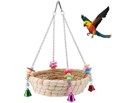 Juguete de loro para pájaros, nido de pájaro para loro, columpio de cama de nido de paja tejido a mano natural con 4 campanas de metal, columpio pa...