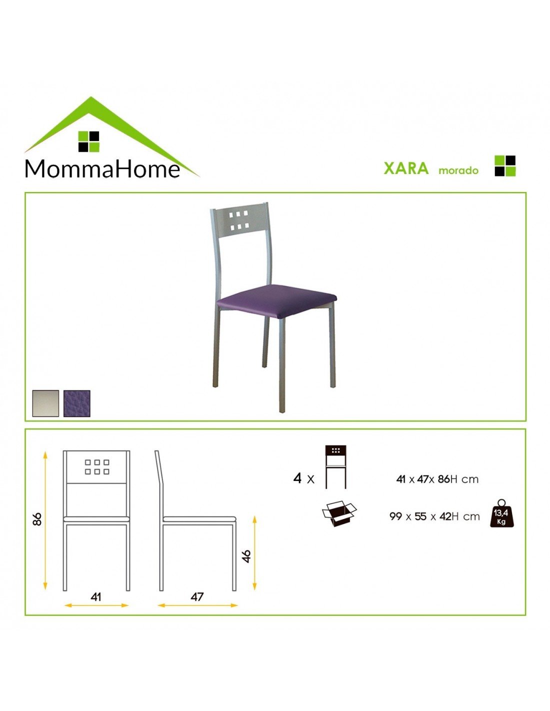 Momma Home Set 4 sillas modelo xara color platamorado material metalecopiel medidas 41 47 86 cm de cocina morado 41x47x86