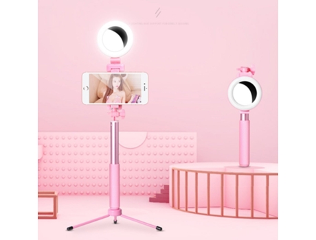 Selfie Stick SLOWMOOSE Inalámbrico Bluetooth com Luz Anelar Led Soporte Plegable Rosa (1,7 m)