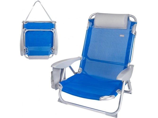 Aktive 62609 Silla playa plegable con reclinable 4 posiciones 62x62x76 cm altura del asiento 20 asa transporte bolsillo lateral color azul 67x67x76cm