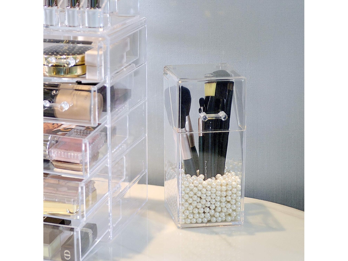 Organizador de brochas de maquillaje acrílico con tapa, caja de  almacenamiento de brochas de cosméticos a prueba de polvo con perlas  blancas para baño, tocador, tocador y encimera, transparente