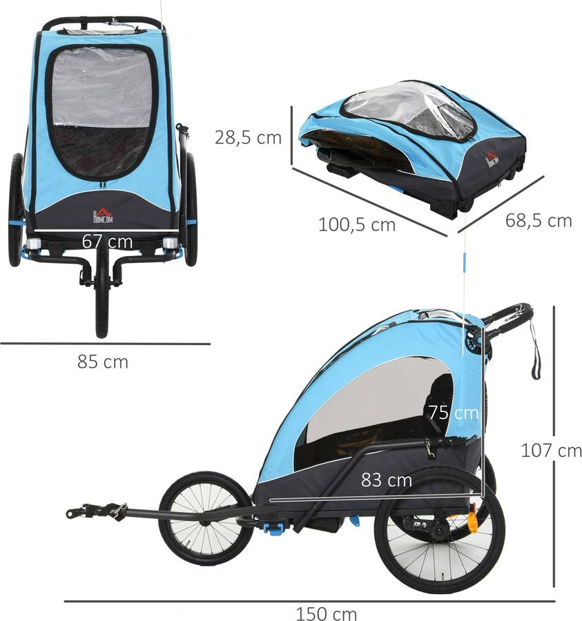 Remolque para Bicicletas HOMCOM 3 en 1 Plegable Azul (150x85x107 cm)