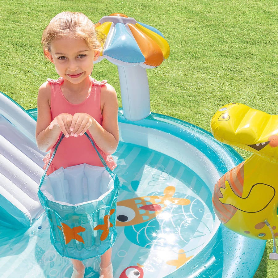 Piscina Infantil Intex cocodrilo con 201x17x84cm 57165 hinchable dispersor de agua y tobogan centro juegos