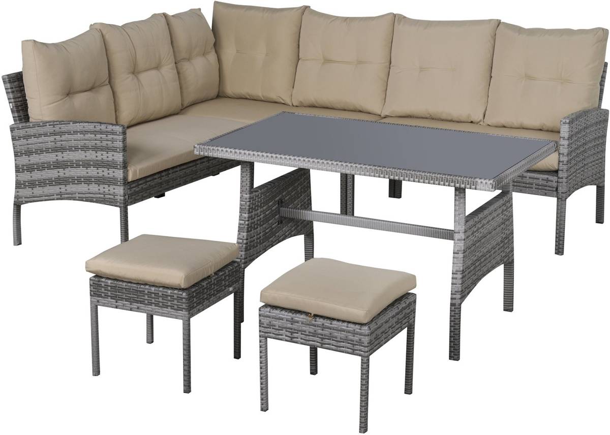 Outsunny Conjunto De muebles 6 piezas juego 2 plazas taburete y mesa comedor cojines acolchados patio terraza gris caqui 104x655x75 cm