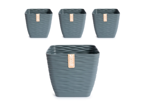 Set de 4 Macetas Decorativas Cuadradas 17 cm con Platos Integrados. Gris ARECA