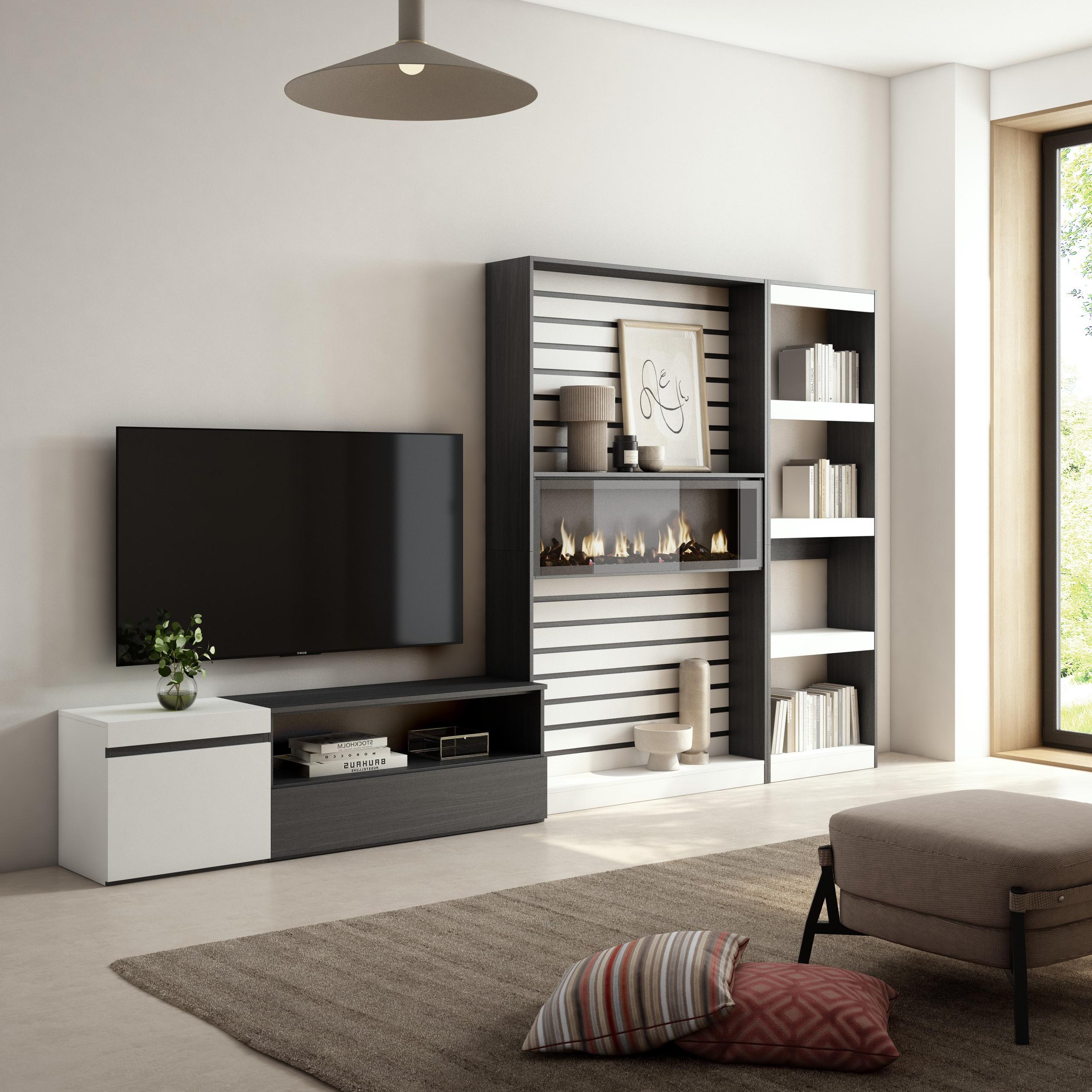 Muebles de Salón para TV, 360x186x35cm, Para TV hasta 65, Chimenea  eléctrica, Blanco y negro