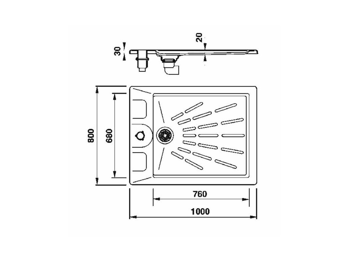 Plato de ducha rectangular - 100 x 80 cm - con sistema de desagüe